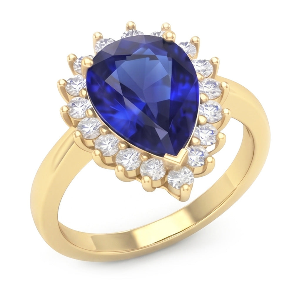 Anello Halo in oro giallo stile fiore con zaffiro di Ceylon e diamanti 4 carati
