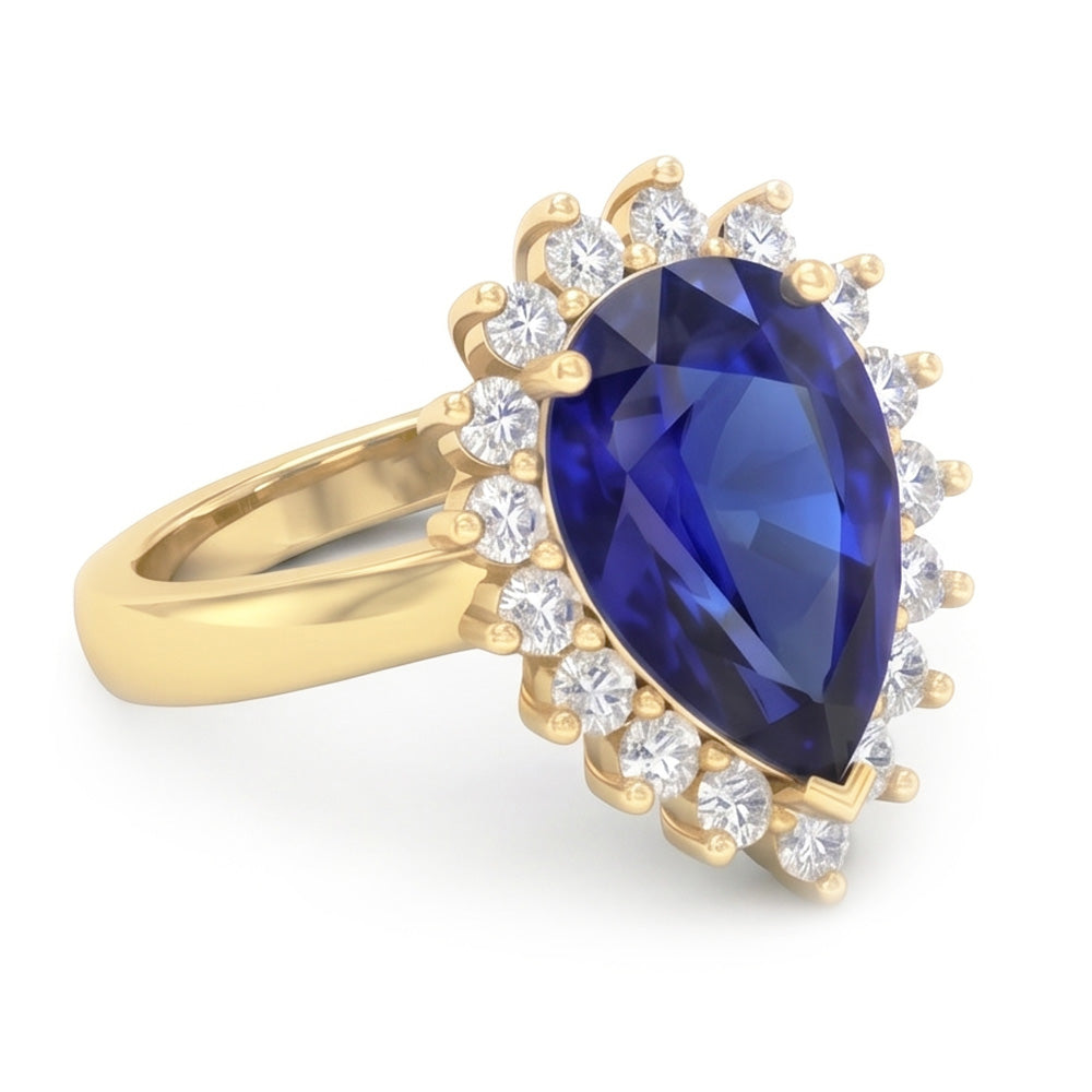 Anello Halo in oro giallo stile fiore con zaffiro di Ceylon e diamanti 4 carati