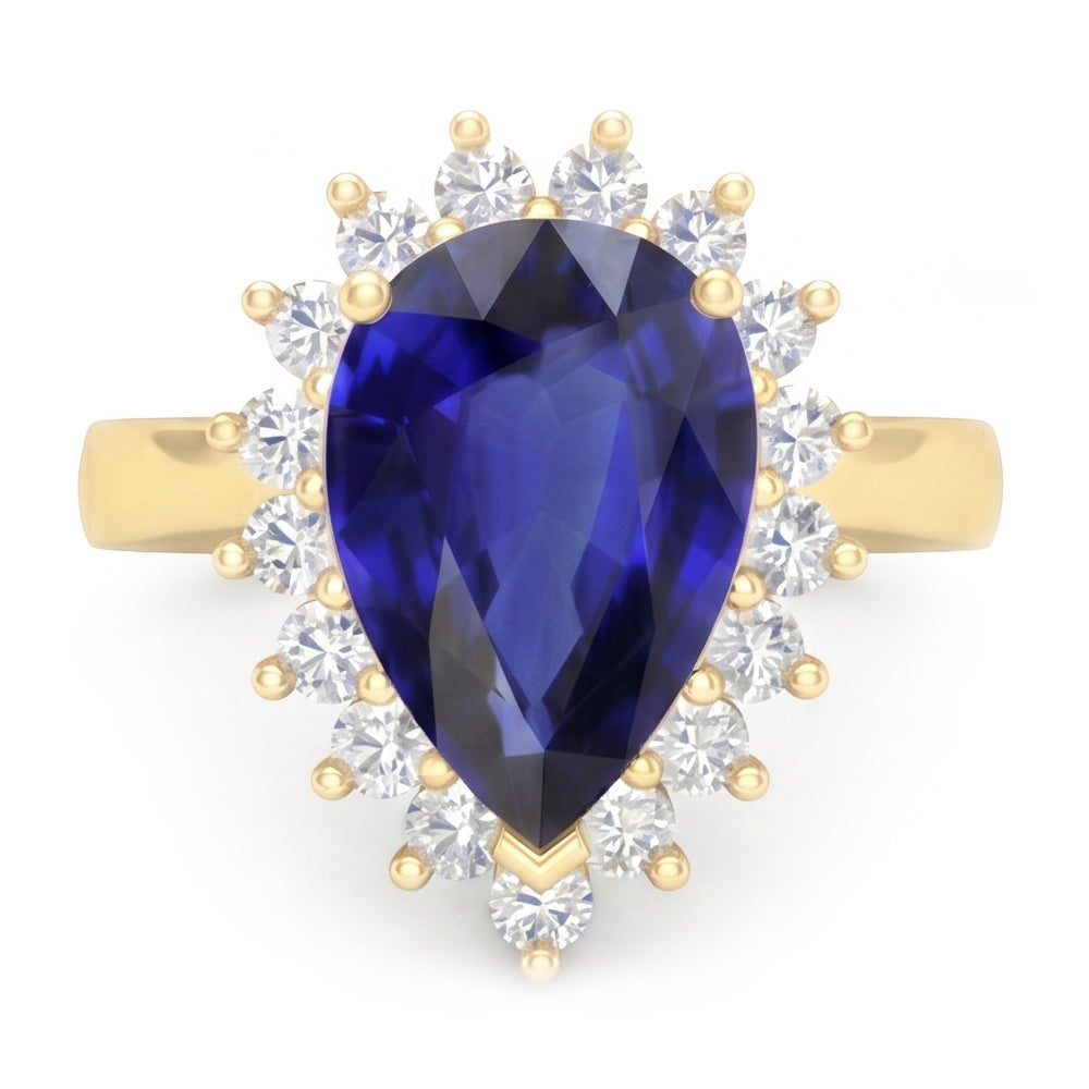 Anello Halo in oro giallo stile fiore con zaffiro di Ceylon e diamanti 4 carati