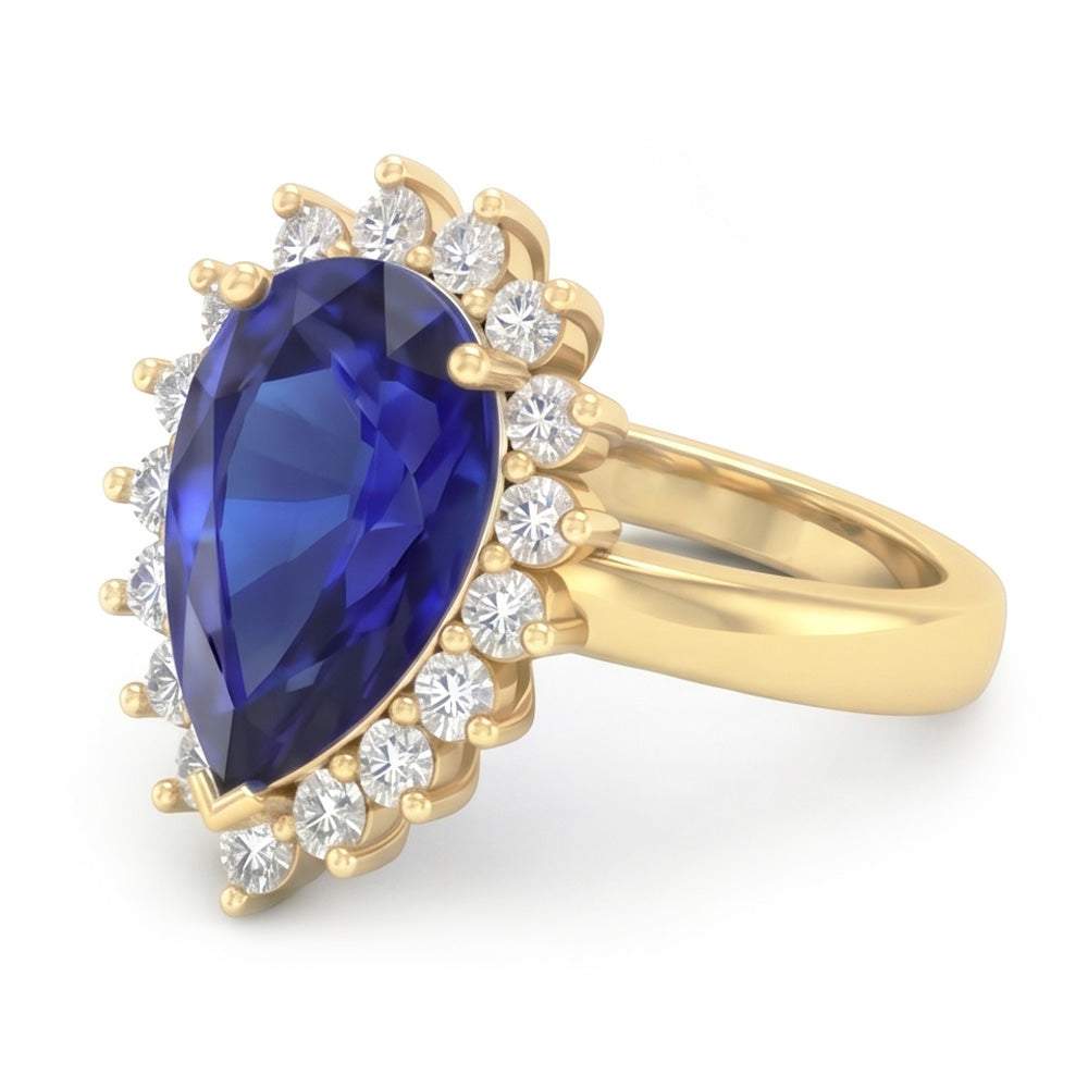 Anello Halo in oro giallo stile fiore con zaffiro di Ceylon e diamanti 4 carati