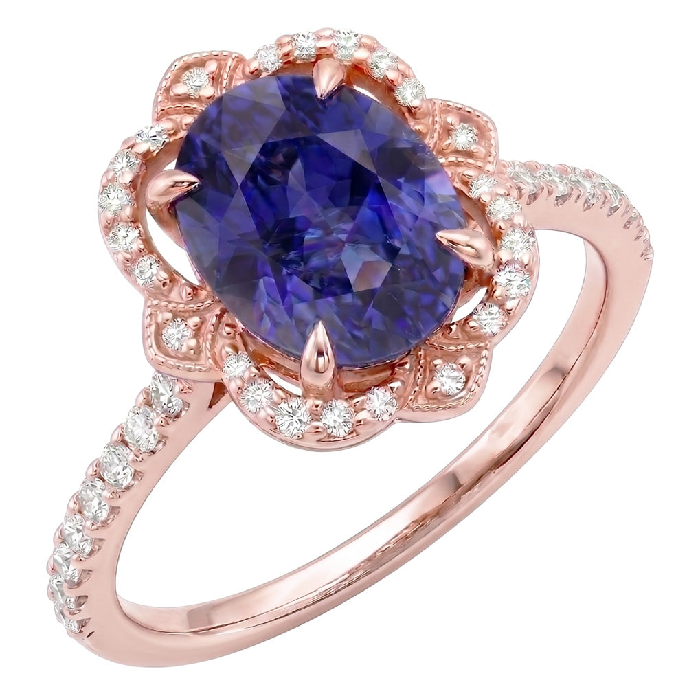 Anello Halo in oro rosa Zaffiro dello Sri Lanka ovale e diamanti 3.25 carati