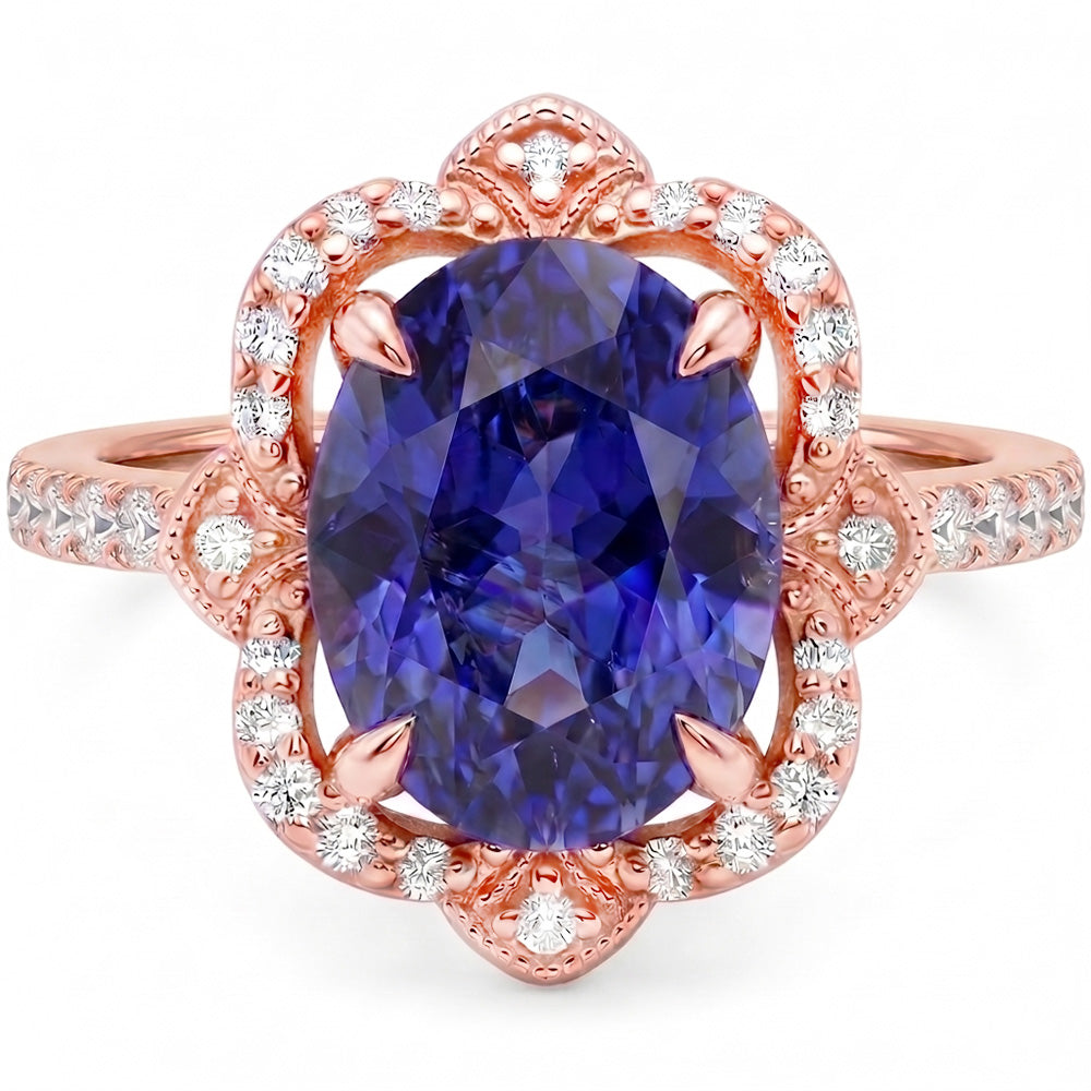 Anello Halo in oro rosa Zaffiro dello Sri Lanka ovale e diamanti 3.25 carati