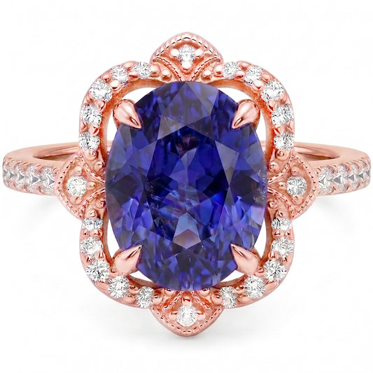 Anello Halo in oro rosa Zaffiro dello Sri Lanka ovale e diamanti 3.25 carati