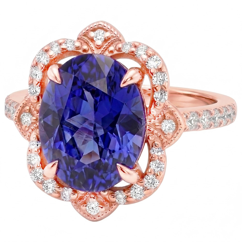 Anello Halo in oro rosa Zaffiro dello Sri Lanka ovale e diamanti 3.25 carati