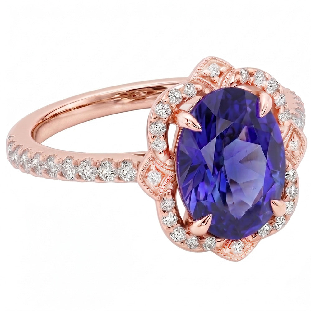 Anello Halo in oro rosa Zaffiro dello Sri Lanka ovale e diamanti 3.25 carati