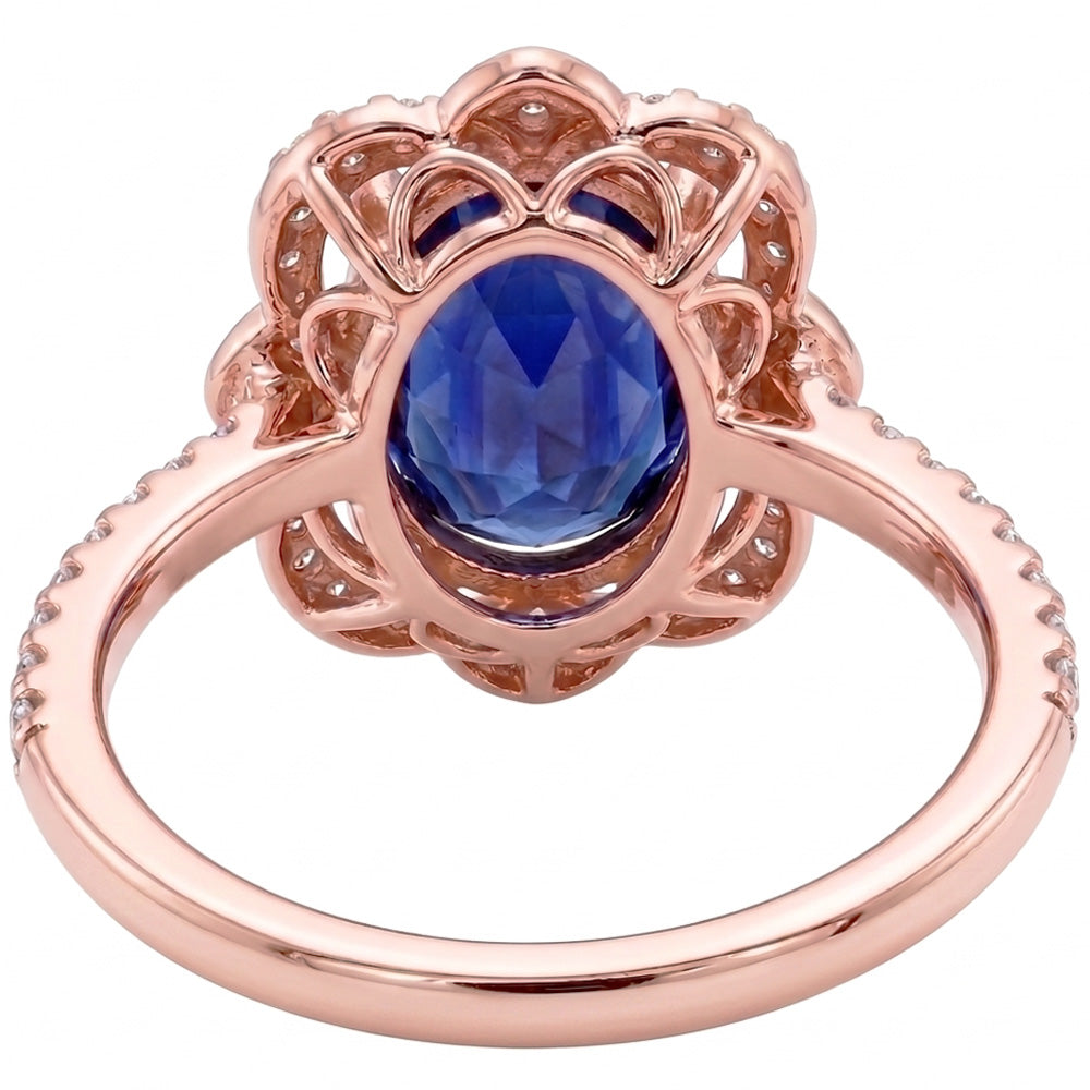 Anello Halo in oro rosa Zaffiro dello Sri Lanka ovale e diamanti 3.25 carati