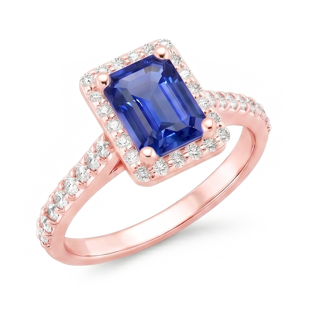 Anello Halo in oro rosa smeraldo con zaffiro dello Sri Lanka e diamanti 5,25 carati