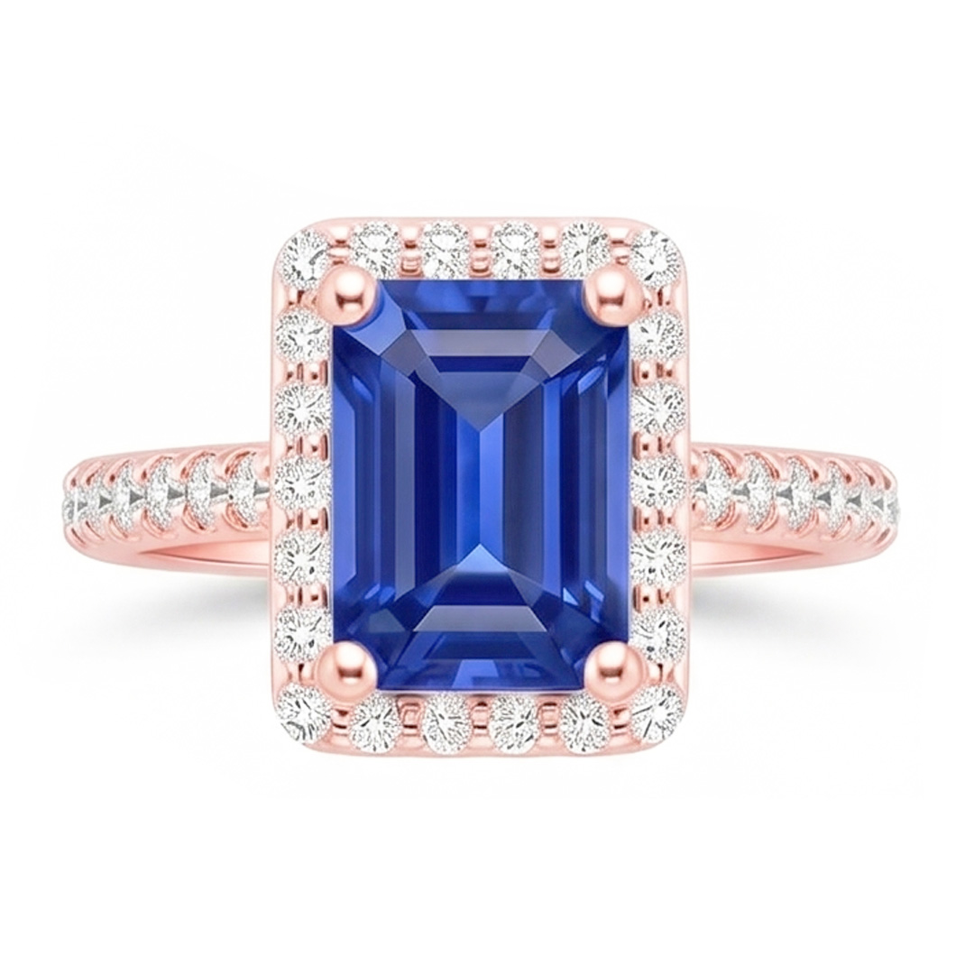 Anello Halo in oro rosa smeraldo con zaffiro dello Sri Lanka e diamanti 5,25 carati