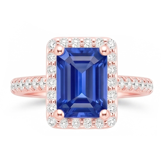 Anello Halo in oro rosa smeraldo con zaffiro dello Sri Lanka e diamanti 5,25 carati