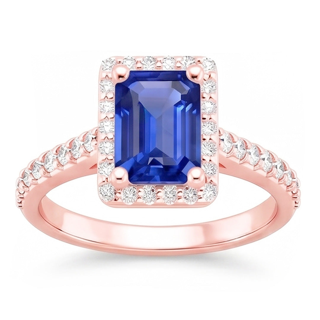 Anello Halo in oro rosa smeraldo con zaffiro dello Sri Lanka e diamanti 5,25 carati
