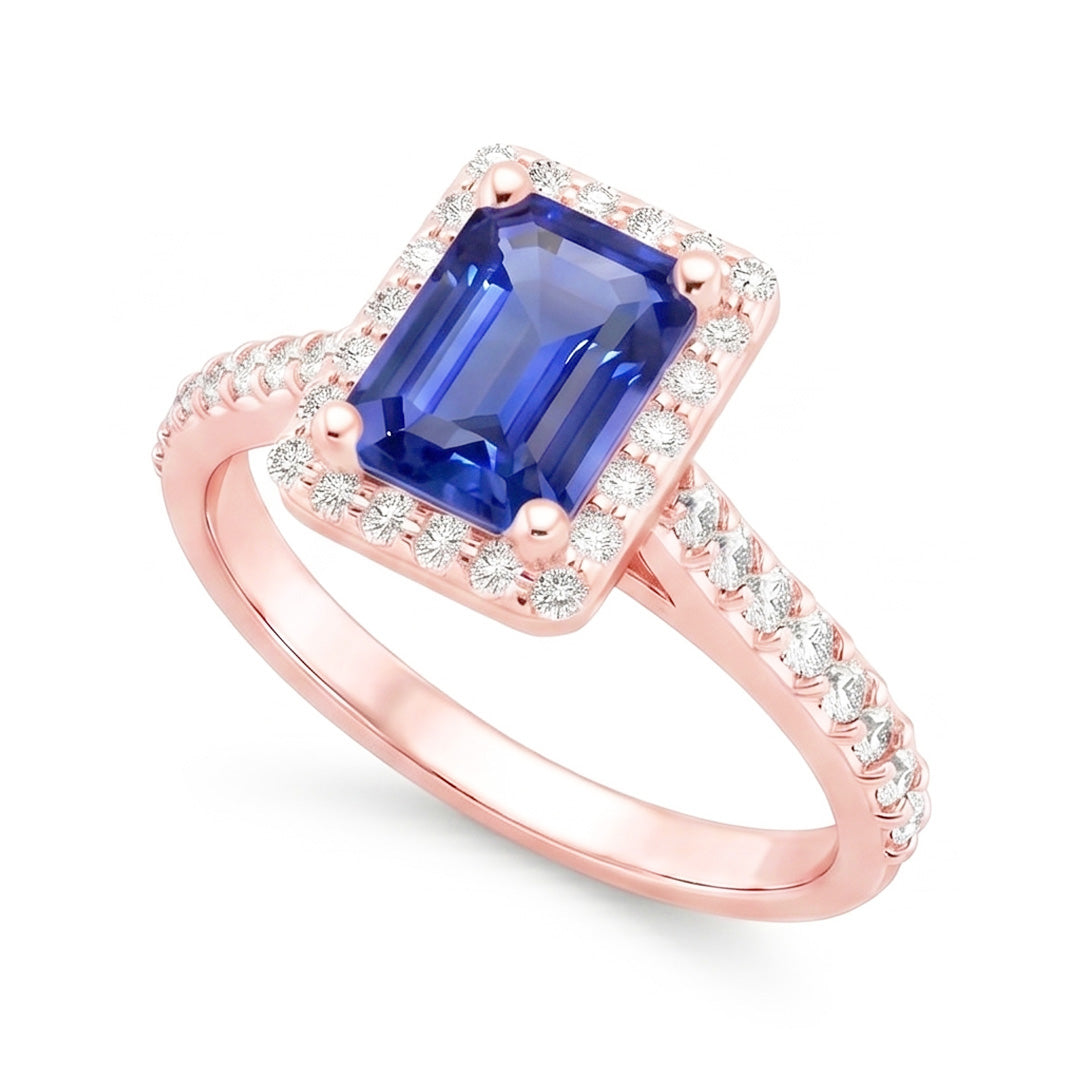 Anello Halo in oro rosa smeraldo con zaffiro dello Sri Lanka e diamanti 5,25 carati
