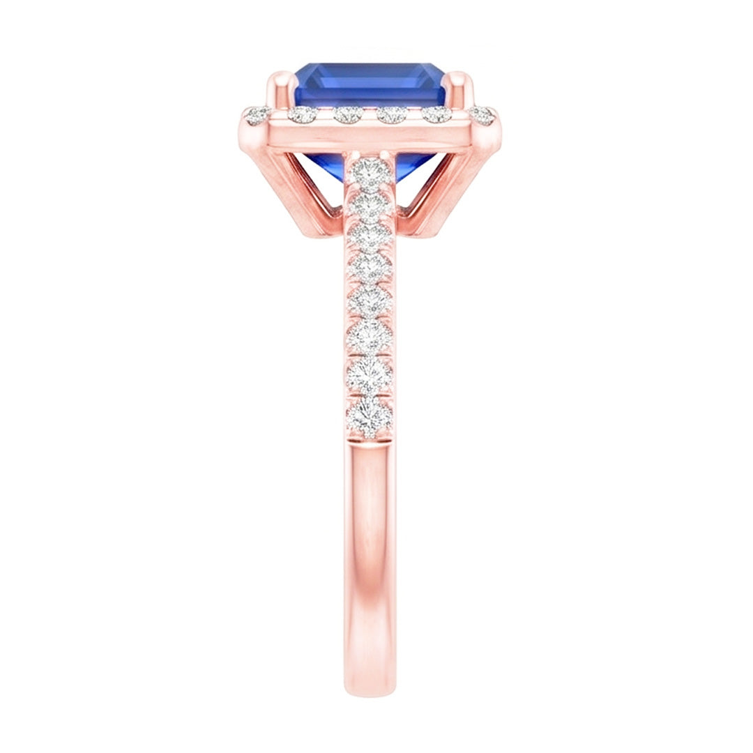 Anello Halo in oro rosa smeraldo con zaffiro dello Sri Lanka e diamanti 5,25 carati