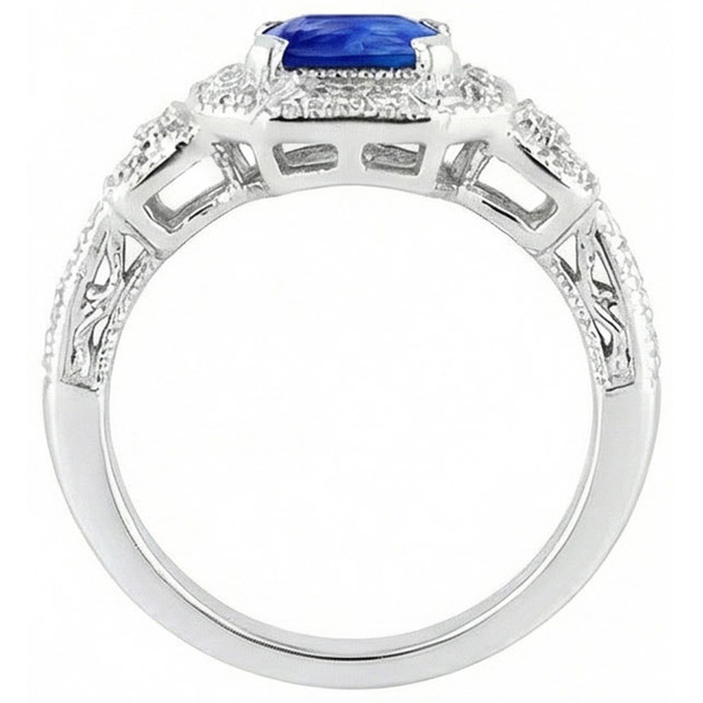 Anello Halo in stile antico con zaffiro blu brillante a 3 carati e diamanti in oro bianco 14K