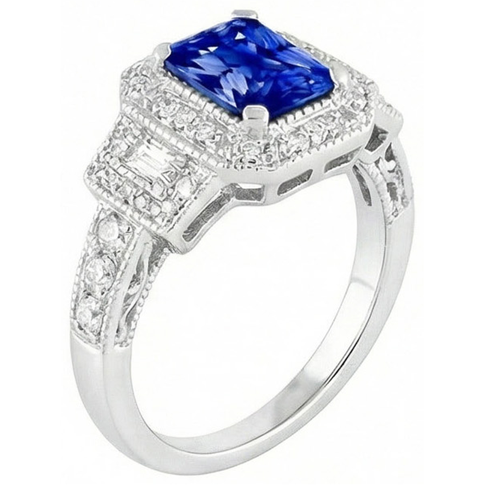 Anello Halo in stile antico con zaffiro blu brillante a 3 carati e diamanti in oro bianco 14K