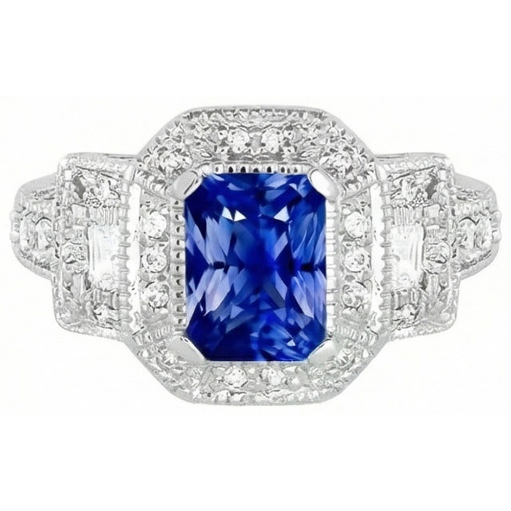 Anello Halo in stile antico con zaffiro blu brillante a 3 carati e diamanti in oro bianco 14K