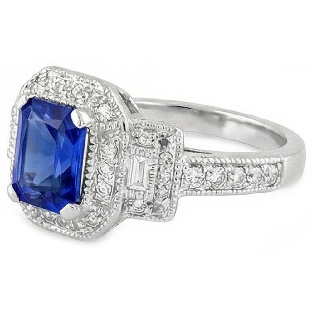 Anello Halo in stile antico con zaffiro blu brillante a 3 carati e diamanti in oro bianco 14K