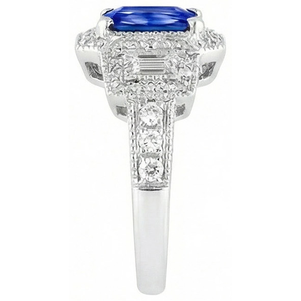 Anello Halo in stile antico con zaffiro blu brillante a 3 carati e diamanti in oro bianco 14K