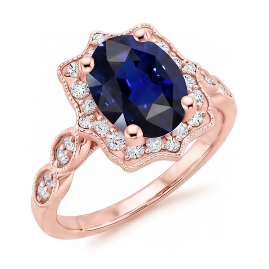 Anello Halo in stile vintage con zaffiro Ceylon ovale da 3,75 carati e diamanti