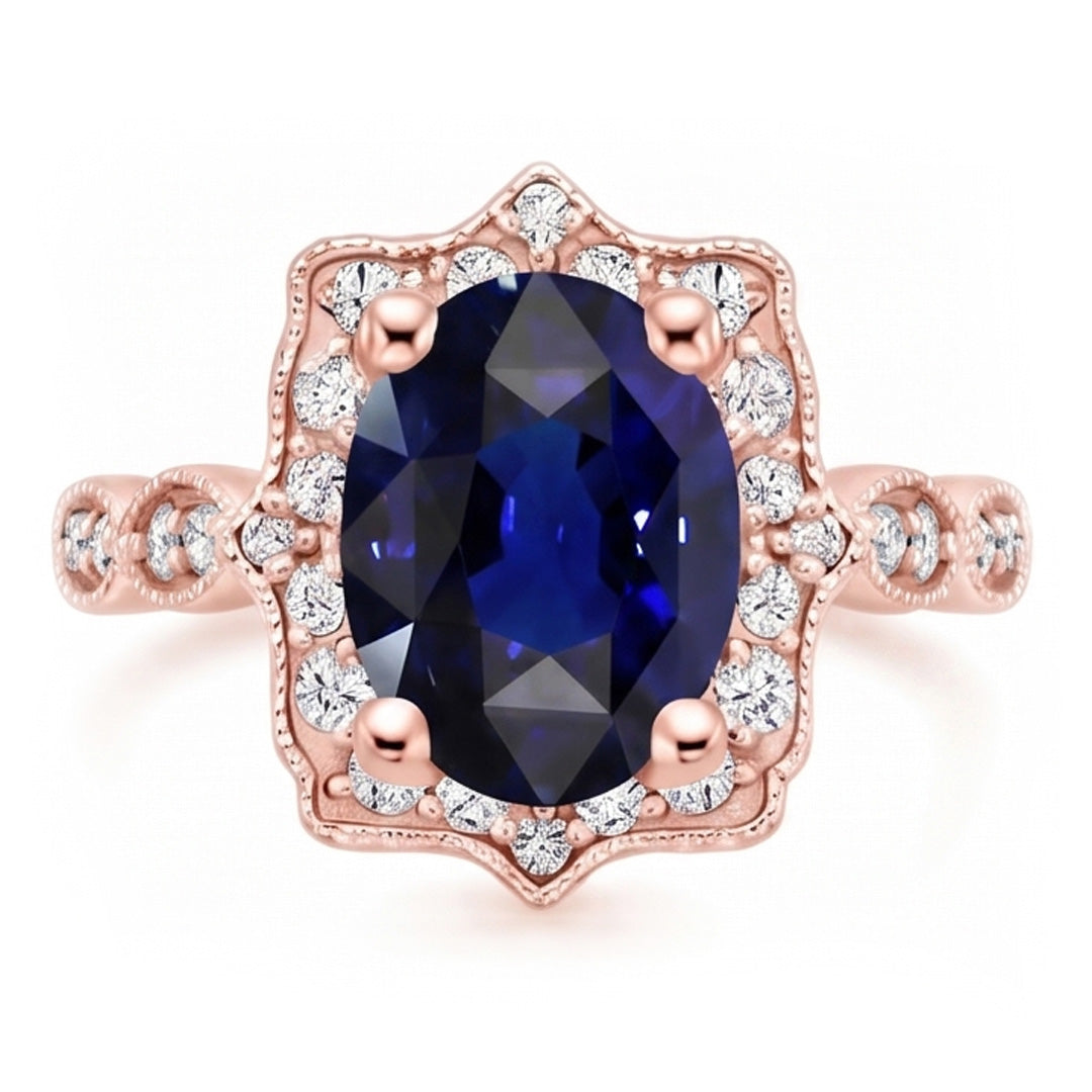 Anello Halo in stile vintage con zaffiro Ceylon ovale da 3,75 carati e diamanti