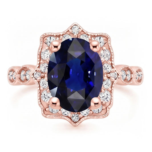 Anello Halo in stile vintage con zaffiro Ceylon ovale da 3,75 carati e diamanti
