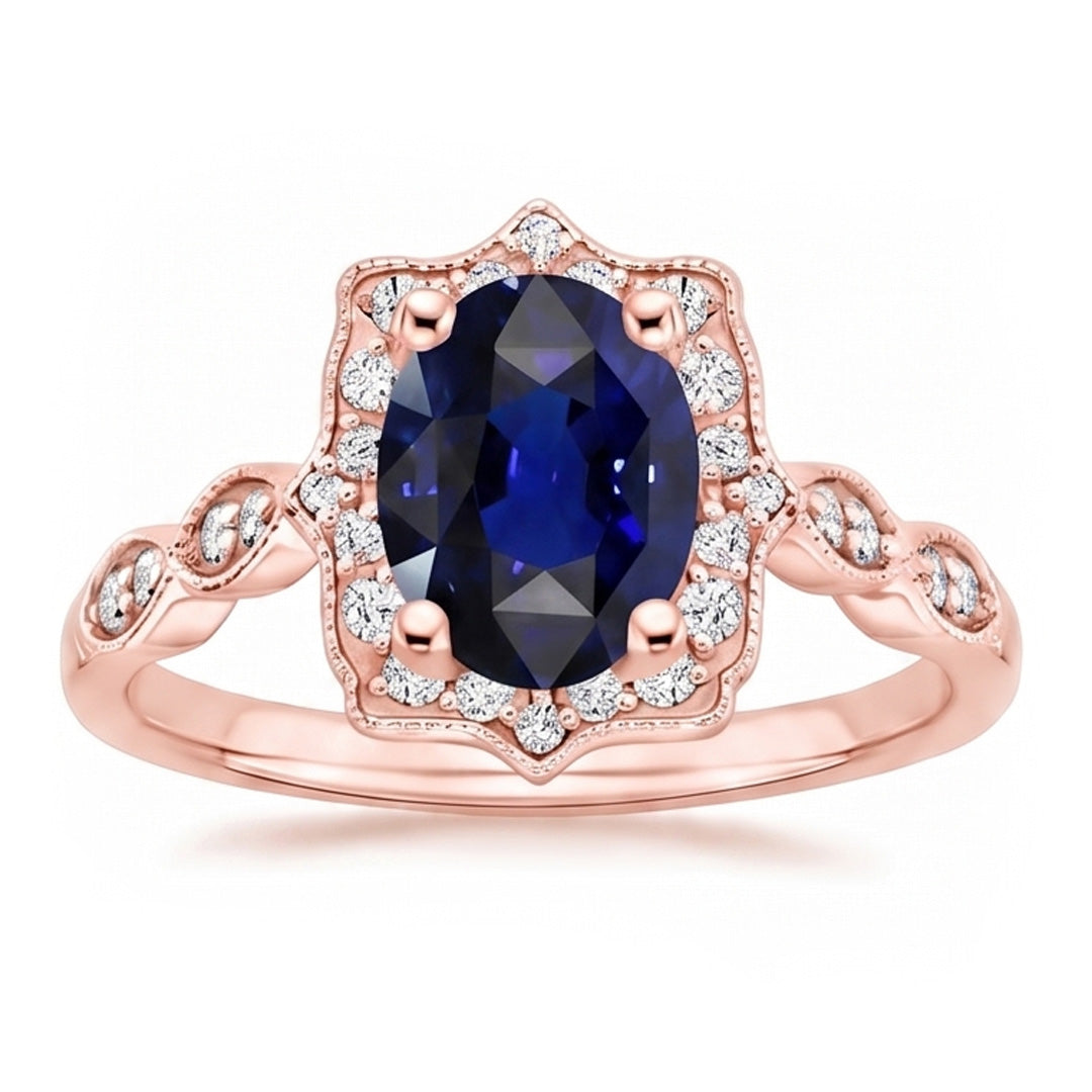 Anello Halo in stile vintage con zaffiro Ceylon ovale da 3,75 carati e diamanti