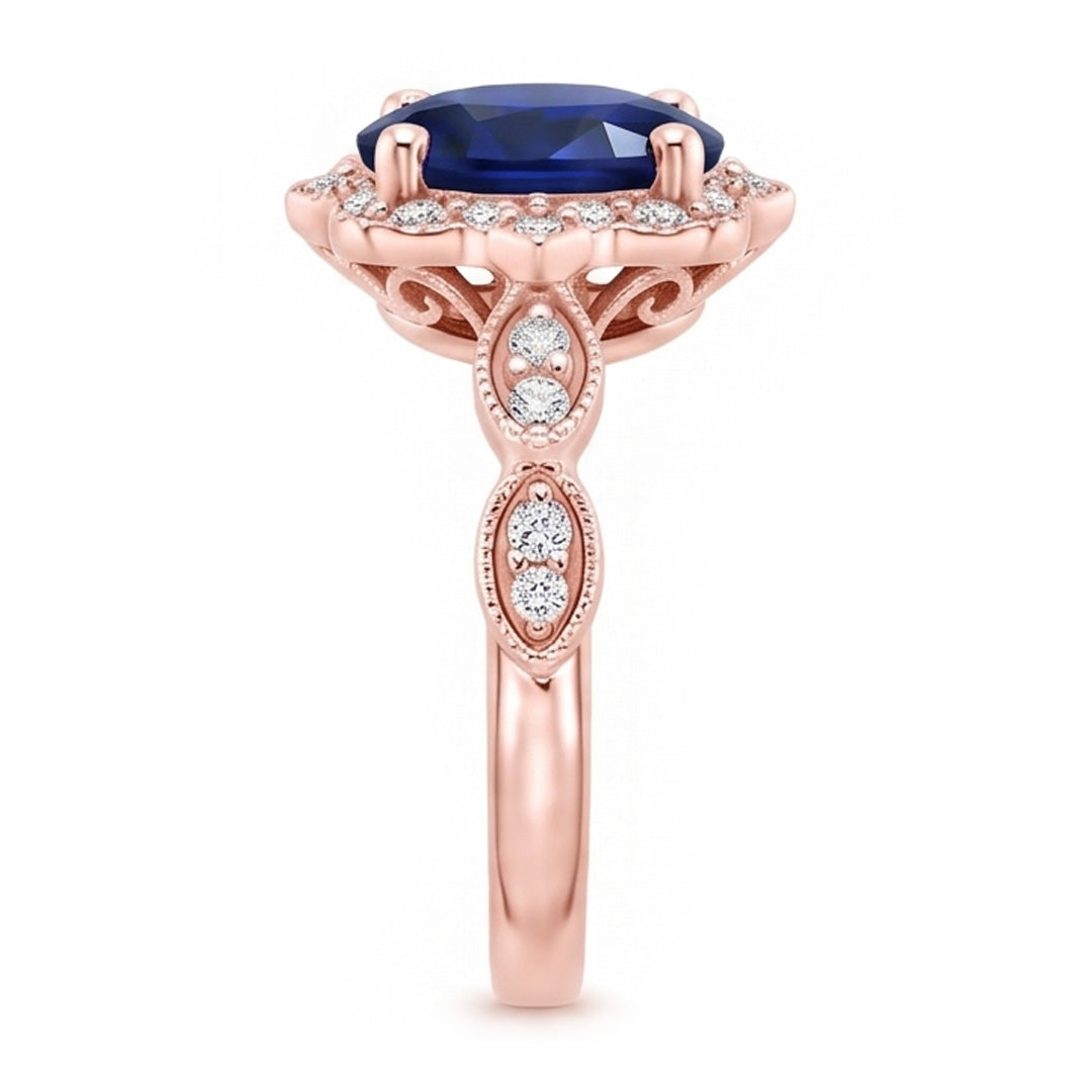Anello Halo in stile vintage con zaffiro Ceylon ovale da 3,75 carati e diamanti