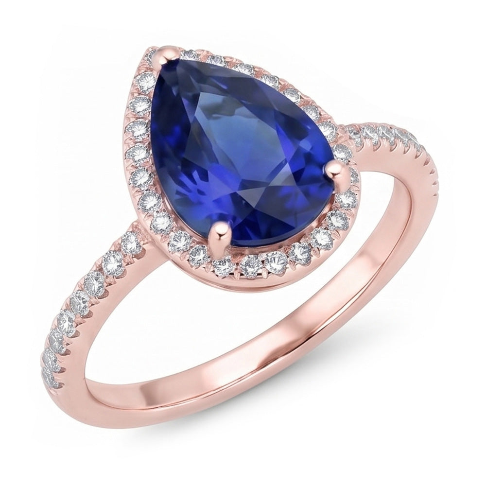 Anello Halo stile goccia con zaffiro di Ceylon da 3,75 carati e diamanti in oro bianco 14K