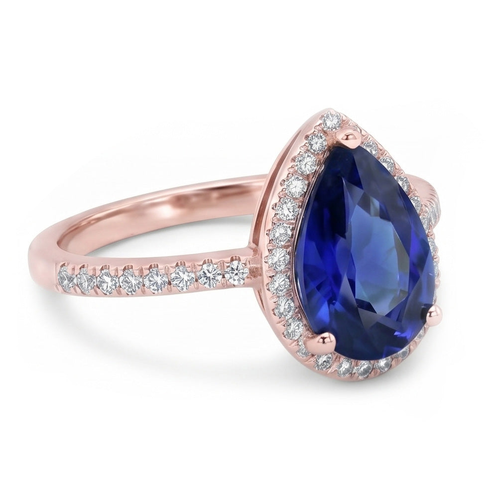 Anello Halo stile goccia con zaffiro di Ceylon da 3,75 carati e diamanti in oro bianco 14K