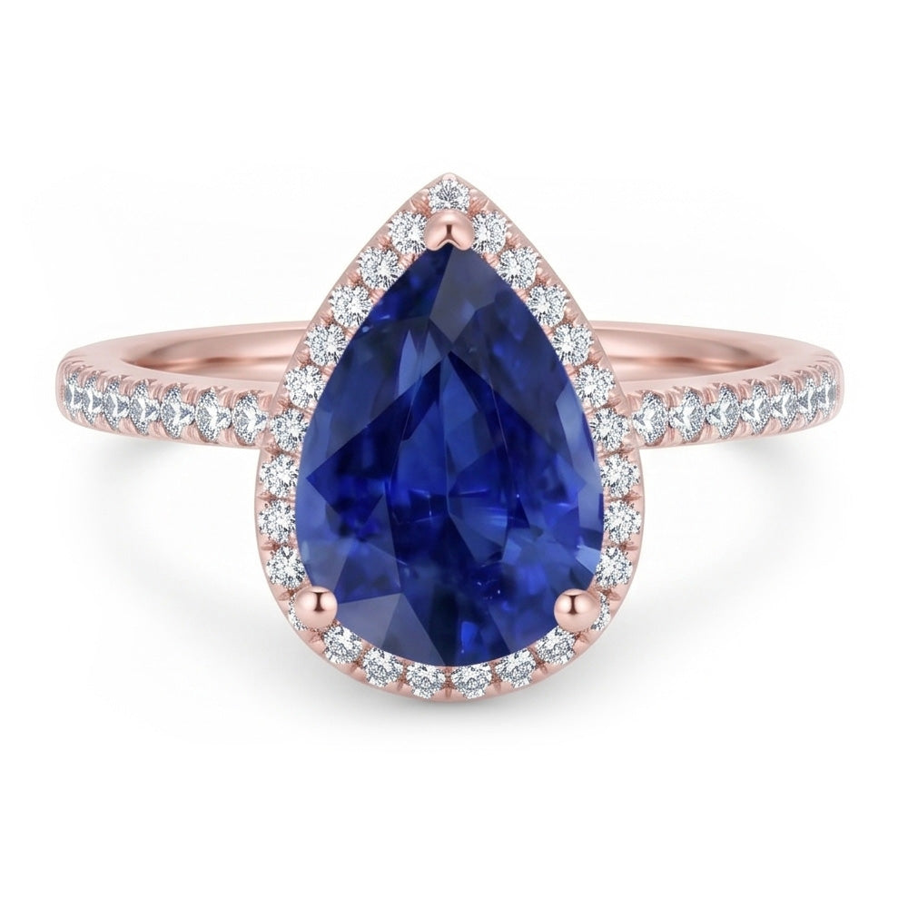 Anello Halo stile goccia con zaffiro di Ceylon da 3,75 carati e diamanti in oro bianco 14K