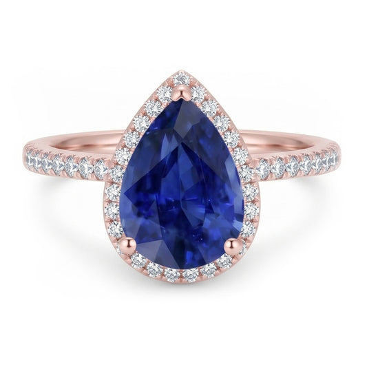 Anello Halo stile goccia con zaffiro di Ceylon da 3,75 carati e diamanti in oro bianco 14K