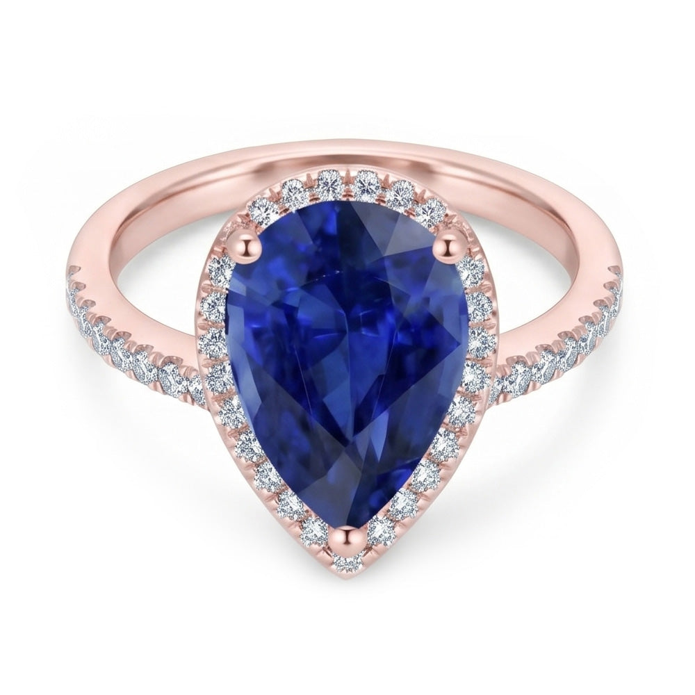 Anello Halo stile goccia con zaffiro di Ceylon da 3,75 carati e diamanti in oro bianco 14K