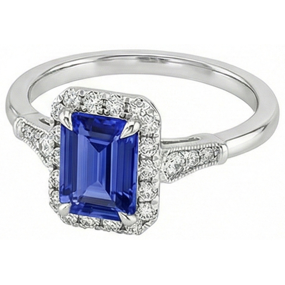 Anello Halo stile vintage smeraldo zaffiro Ceylon e diamante 4.25 carati