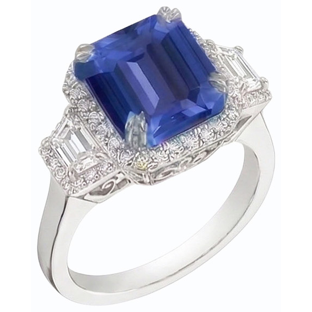 Anello Halo trapezoidale con zaffiro blu intenso da 4 carati e accenti di diamanti rotondi