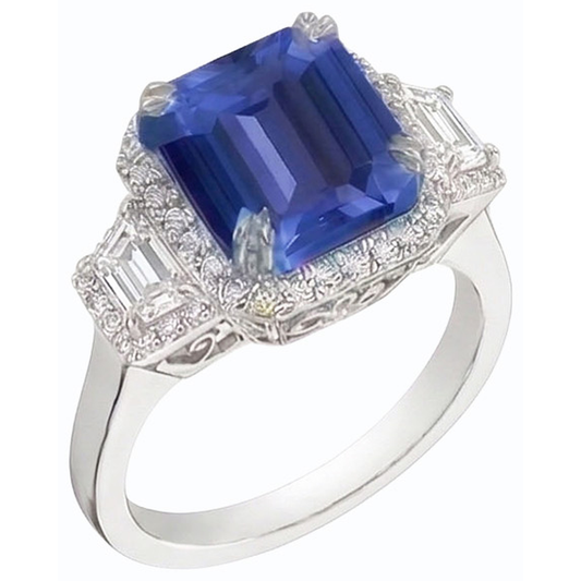 Anello Halo trapezoidale con zaffiro blu intenso da 4 carati e accenti di diamanti rotondi