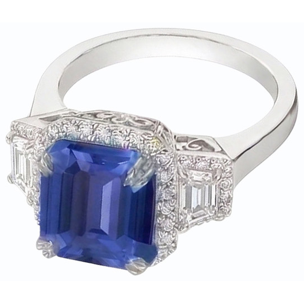 Anello Halo trapezoidale con zaffiro blu intenso da 4 carati e accenti di diamanti rotondi