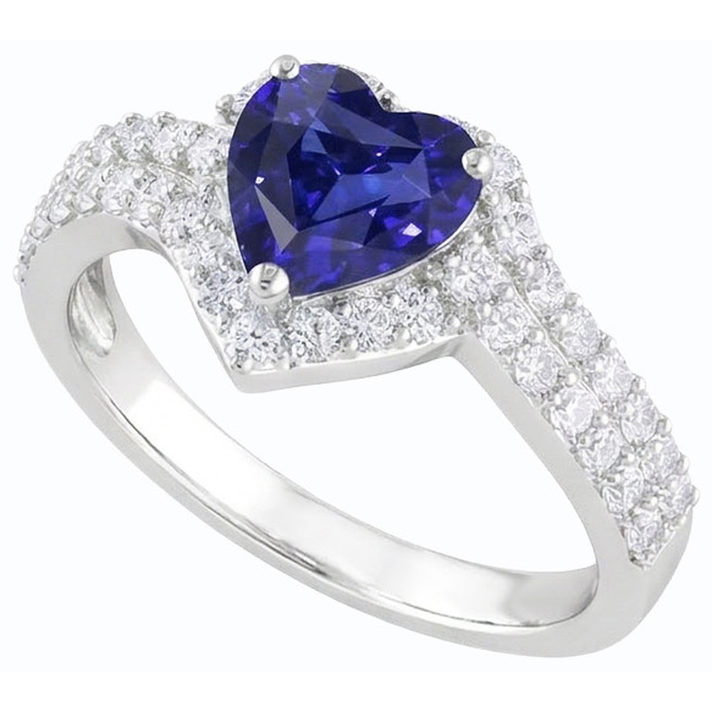 Anello Heart Halo Zaffiro blu naturale da 4 carati e oro bianco 14K con diamanti