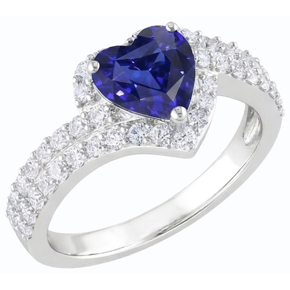 Anello Heart Halo Zaffiro blu naturale da 4 carati e oro bianco 14K con diamanti