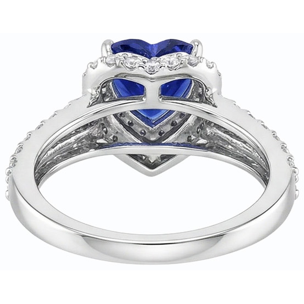 Anello Heart Halo Zaffiro blu naturale da 4 carati e oro bianco 14K con diamanti