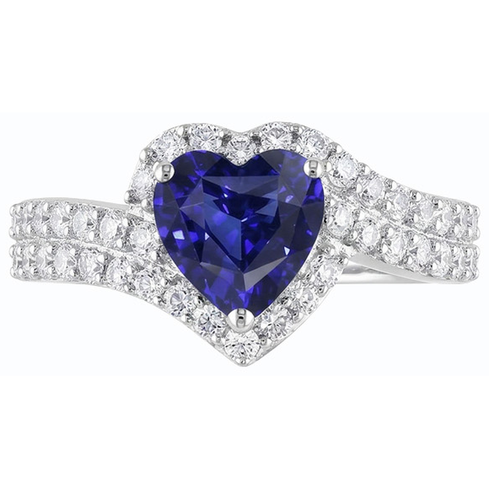 Anello Heart Halo Zaffiro blu naturale da 4 carati e oro bianco 14K con diamanti