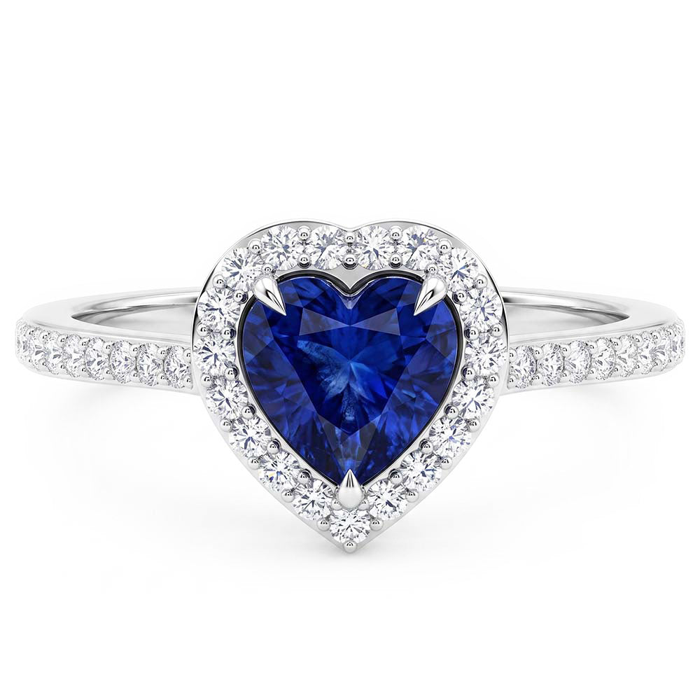Anello HeartHalo con 3 carati di zaffiri blu con pavé di diamanti in oro bianco 14K