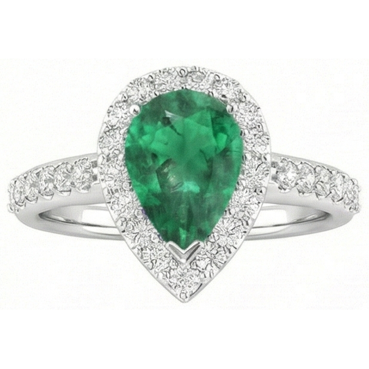 Anello In Oro Bianco 14 Carati Con Verde Smeraldo E Diamante Rotondo A Pera E 4 Carati