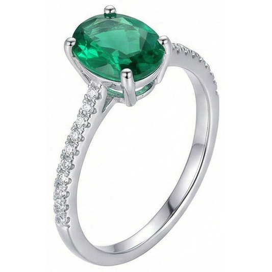 Anello In Oro Bianco 14K Con Smeraldo E Diamanti Taglio Ovale Verde Da 4.25 Carati