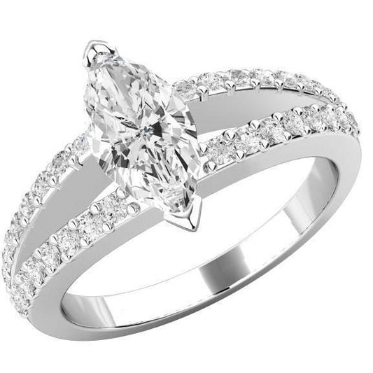 Anello In Oro Bianco 14K Con Vero Diamante Rotondo E Marquise Da 3.60 Carati