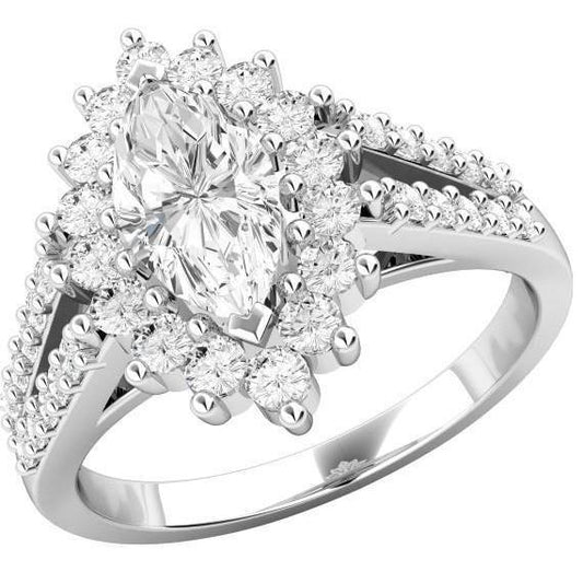 Anello In Oro Bianco 4,60 Ct Con Forma A Marquise E Naturale Diamanti A Taglio Rotondo