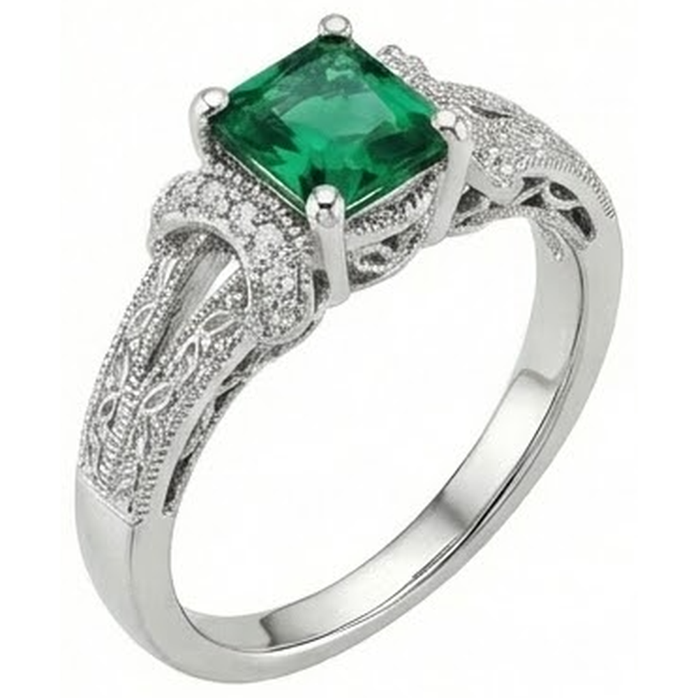 Anello In Oro Bianco Con Diamanti Con Verde Smeraldo Taglio Principessa Da 6 Ct