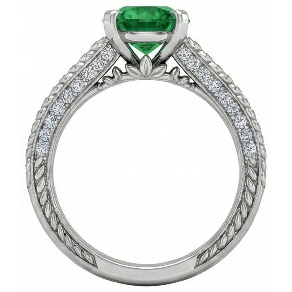 Anello In Oro Bianco Con Diamanti E Verde Smeraldo A Taglio Rotondo Da 3.50 Carati