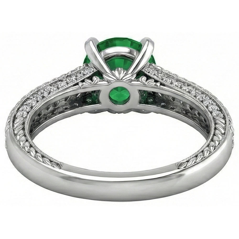 Anello In Oro Bianco Con Diamanti E Verde Smeraldo A Taglio Rotondo Da 3.50 Carati