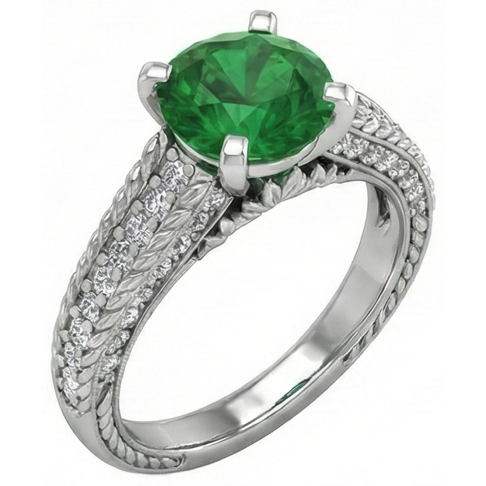 Anello In Oro Bianco Con Diamanti E Verde Smeraldo A Taglio Rotondo Da 3.50 Carati