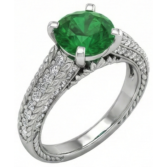 Anello In Oro Bianco Con Diamanti E Verde Smeraldo A Taglio Rotondo Da 3.50 Carati