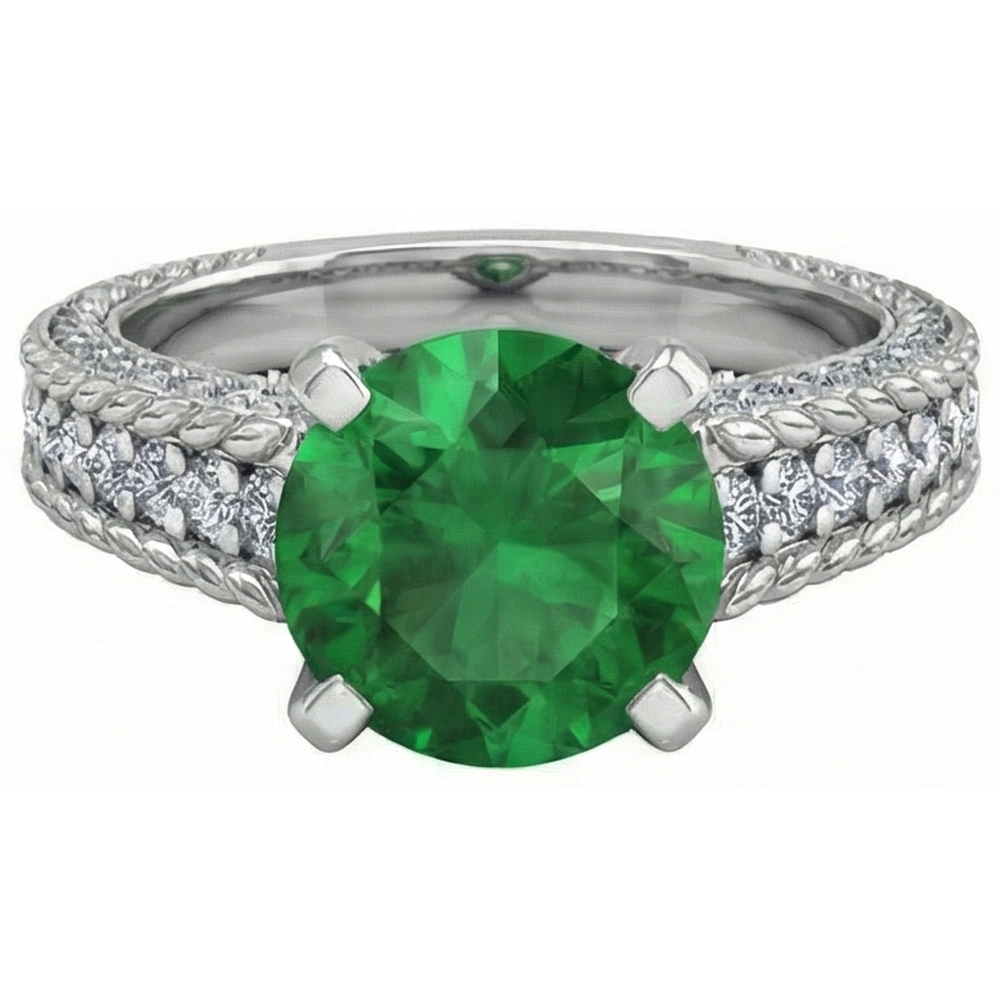 Anello In Oro Bianco Con Diamanti E Verde Smeraldo A Taglio Rotondo Da 3.50 Carati